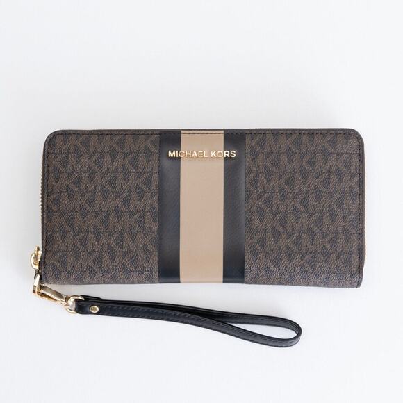 Michael Kors Logo Stripe Continental Wristlet Brown (Pre-owned/as pictured) - Picture 1 of 2